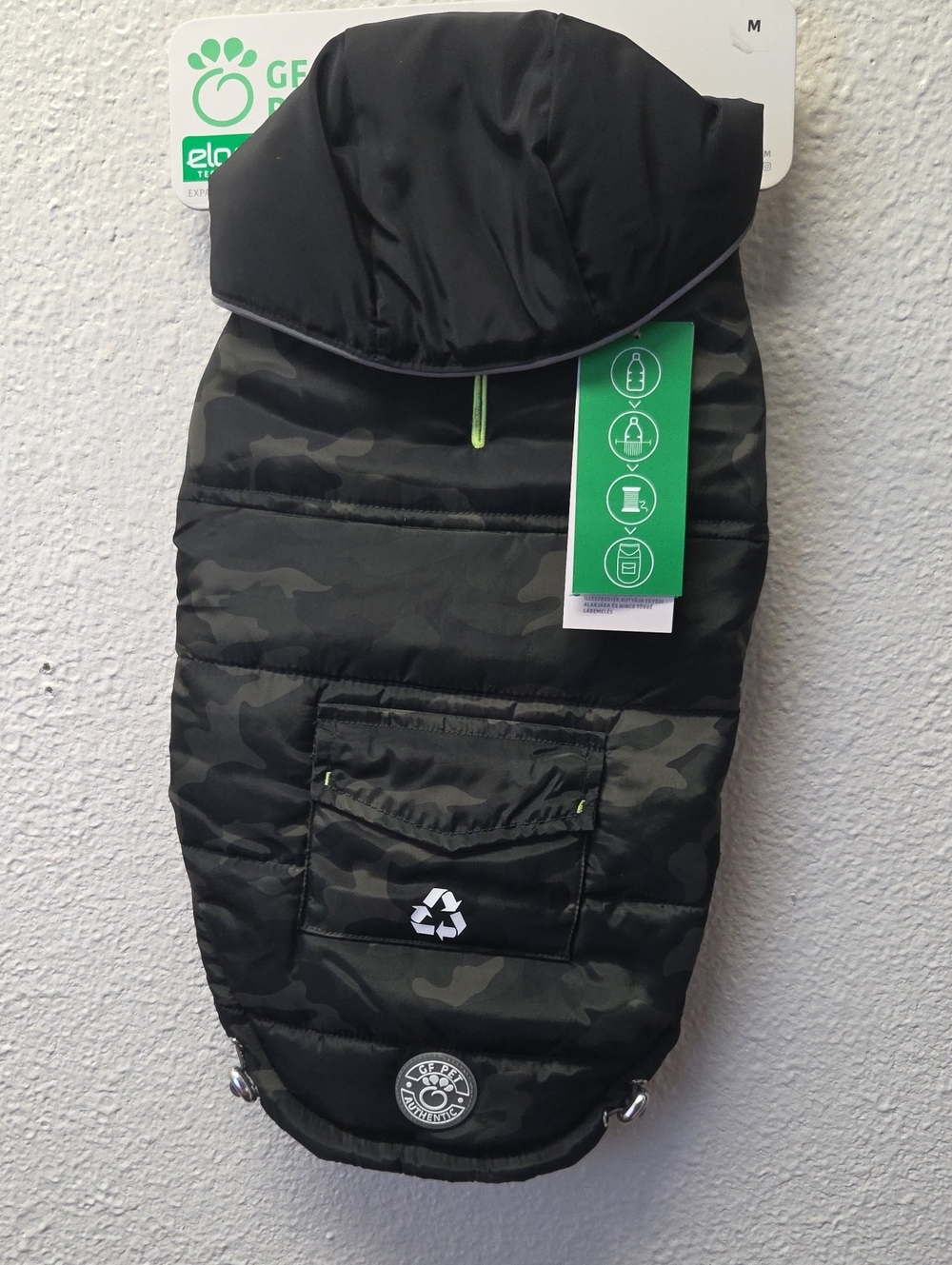Black Camouflage Puffer Dog Coat with Green Trim